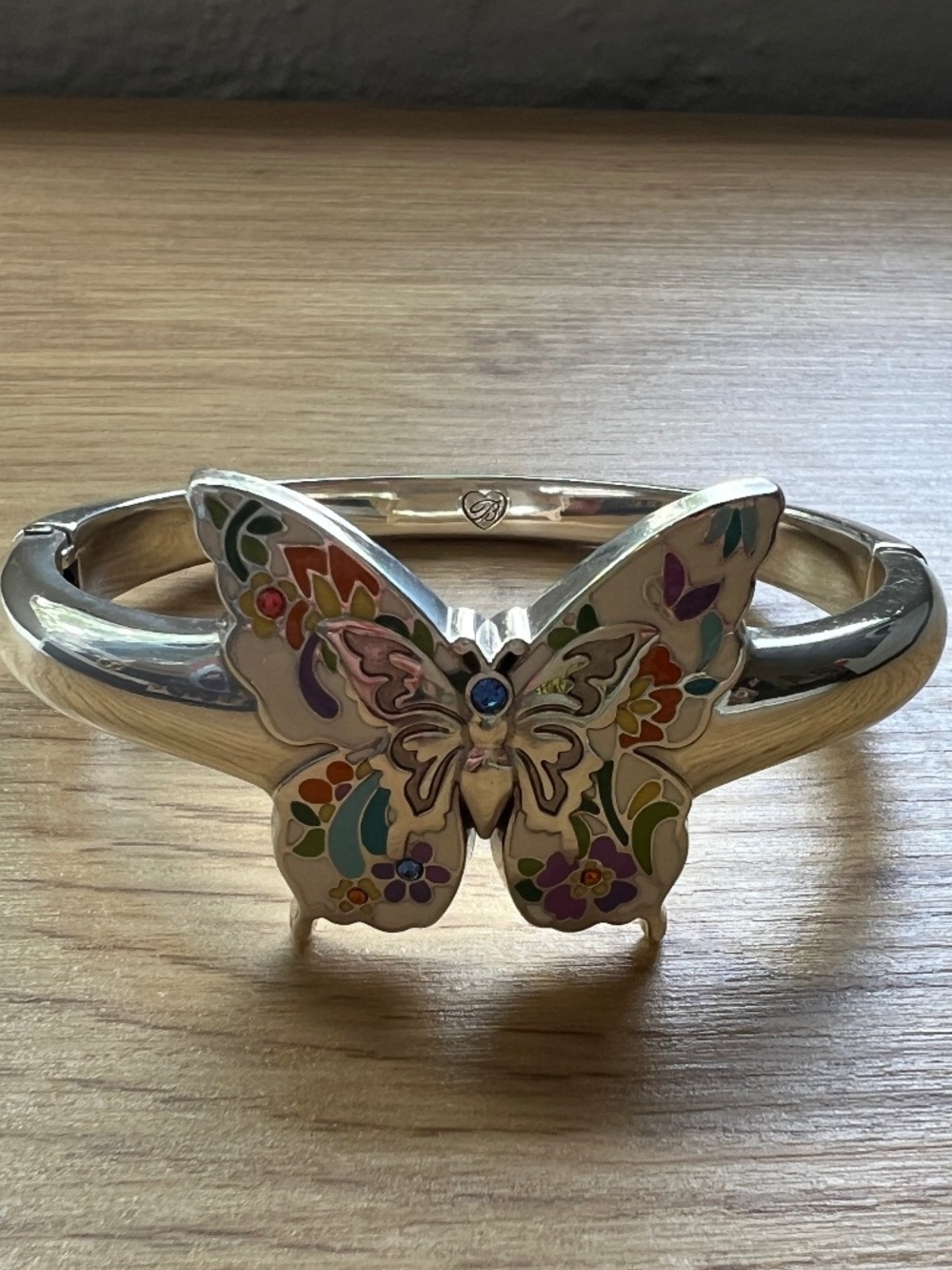 BRIGHTON Belle Jardin Butterfly Enamel Silver Hinged Bangle Bracelet